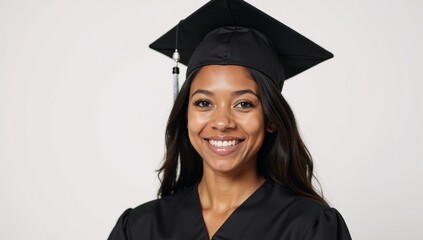 A cheerful young African-American graduate smiles in her black graduation cap and tunic looking directly at the camera