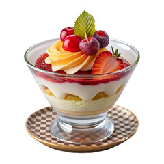 Bowl of strawberry ice cream sundae with whipped cream on transparent background