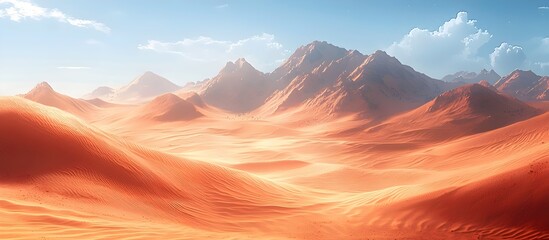 Naklejka premium A stunning view of an expansive desert landscape featuring golden sand dunes and majestic mountains under a blue sky with fluffy white clouds.