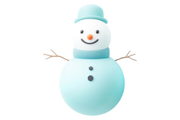 A smiling snowman figurine adorned with a red hat and scarf, isolated on white background, embodies festive cheer.