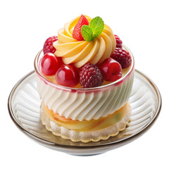 Bowl of strawberry ice cream sundae with whipped cream on transparent background