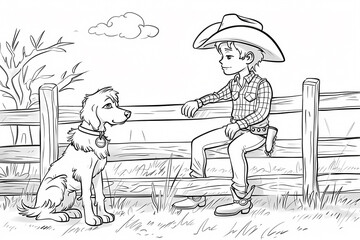 A young boy in a cowboy hat sits on a fence, chatting with his friendly dog in a rural setting.
