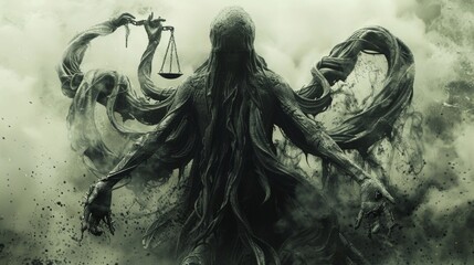 An imposing figure with multiple arms and a large serpentlike body holding a balance scale and judging the deeds of passing souls as they make their way through the realm