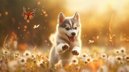 Playful Husky Puppy in a Flower Garden, Adorable dog frolicking amidst blossoms, butterflies fluttering, whimsical and vibrant scene perfect for greeting cards and wallpapers