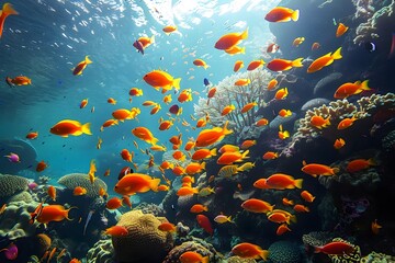 Fototapeta premium Vibrant Underwater Scene with Schools of Orange Fish and Colorful Coral Reefs