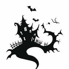 Black Silhouette of Haunted House with Bat and Bare Tree Vector