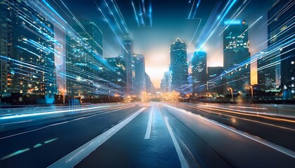 Naklejka premium futuristic interfaces of the modern city inside; abstract blurred lights background