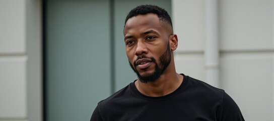 An African American model wears a black tee against an outdoor backdrop highlighted by white accents
