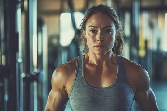 Focused female athlete in gym showcasing strength and determinat