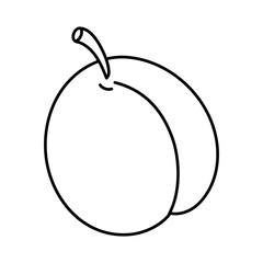 A simple line drawing of a peach showing its smooth shape and curved stem on a white background