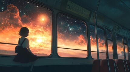 Fototapeta premium Anime girl gazing at stars from a train window, surrounded by a galaxy, vibrant colors, modern manga style, surreal abstract elements, cosmic journey through space