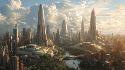 A breathtaking skyline of a futuristic city filled with towering skyscrapers, interconnected by elevated walkways and green spaces.