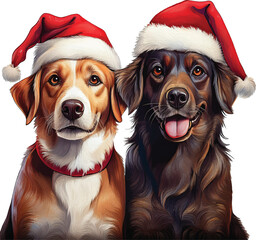 Christmas dog with Santa's hat, in watercolor two christmas dogs delight, A dog's joy, santa claus, holiday dog, cute dog wear a christmas costume in flat vector style Illustration
