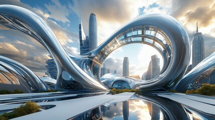 Fototapeta premium Futuristic cityscape featuring sustainable architecture, innovative office buildings, and cutting-edge design elements showcasing modern elegance and advanced technological integration.