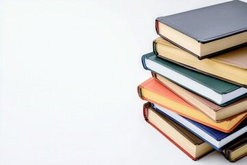Stack textbooks on a solid white background, mockup template for design