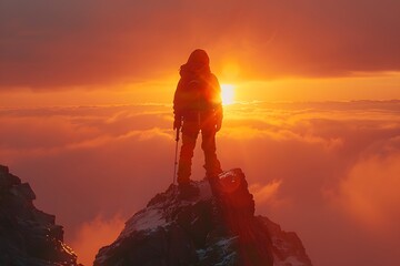 Obraz premium Majestic Sunrise Over the Clouds: A Solo Climber's Triumph