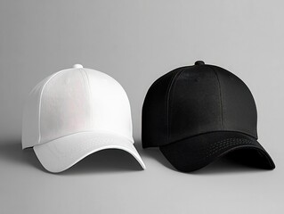 White and black baseball caps mockup, front view on grey background