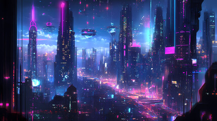 Fototapeta premium Digital cityscape powered by quantum technology, digital transformation, smart cities of the future. Quantum Cityscape. Illustration