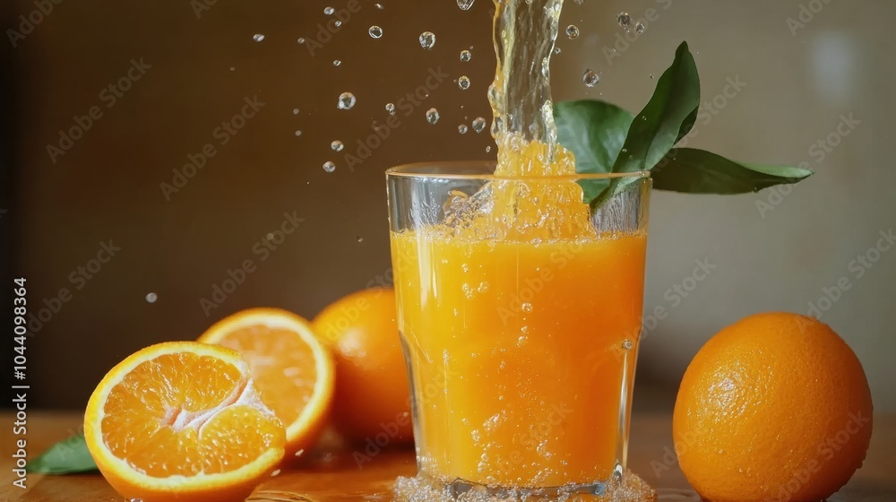 Poster freshly squeezed orange juice is being poured into a clear glass next to whole and halved oranges, s