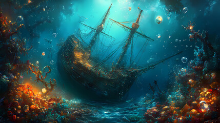 Fototapeta premium Discover the hidden treasures of a mystical shipwreck entangled in the vibrant depths of the ocean's sparkling gems and secrets. Mystical Shipwreck. Illustration