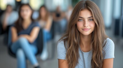 A smiling teenage girl in a classroom, representing confidence, learning, and a positive, friendly school environment with classmates, Generative Ai
