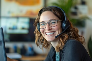 Happy female call center agent at work with headset