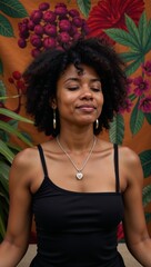 Fototapeta premium Serene Black Woman Meditating with Afro Hair Wearing Jewelry on Bohemian Tapestry Background