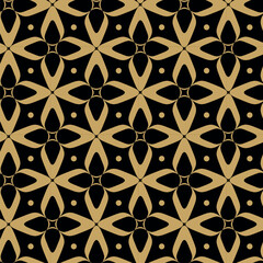 Fototapeta premium Abstract geometric pattern with crosses, stripes, lines. Seamless vector background. Black and gold ornament. Modern reticulated graphic design.