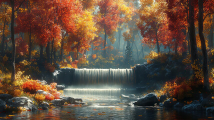 Fototapeta premium A serene autumn forest scene with colorful trees