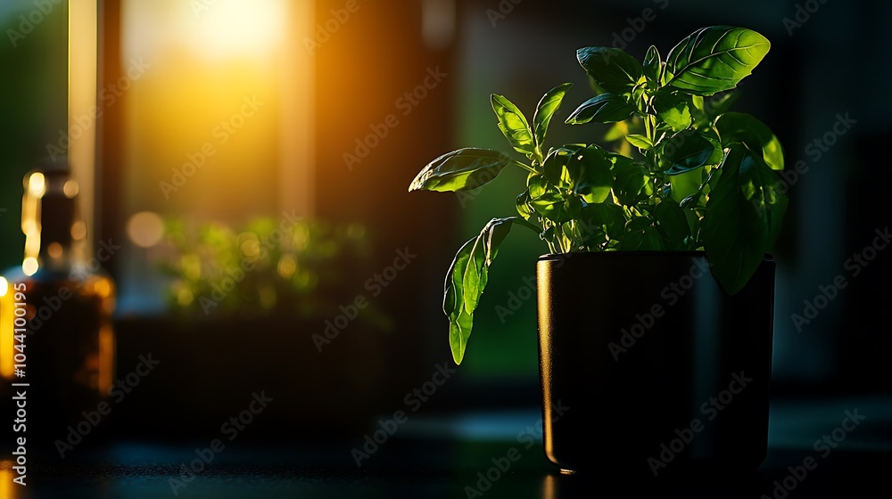 Poster A potted basil plant on a countertop against a sunset backdrop.