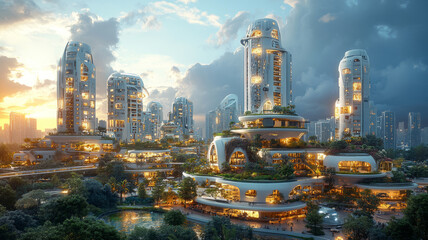 Fototapeta premium A breathtaking skyline of a futuristic city filled with towering skyscrapers, interconnected by elevated walkways and green spaces.