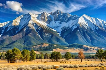 Fototapeta premium Rockies, rugged, USA, snow, county, America, cold, Panoramic view of Mt Princeton in Chaffee County Colorado USA showcasing its majestic snow capped peak and surrounding rugged landscape