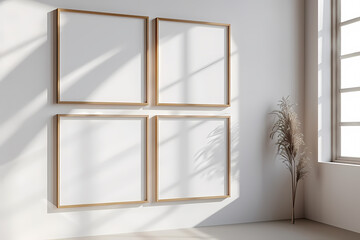 Bright and modern interior featuring four empty wooden frames against a sunlit wall, creating a peaceful atmosphere ideal for artwork display.