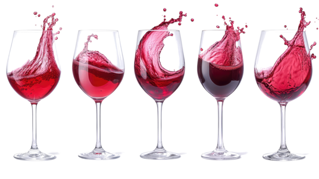 Red Wines Splashing in Elegant Glasses on a Transparent Background Generative AI