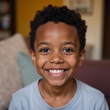 Close-up portrait of a happy African American boy radiating childlike charm in an inviting interior setting