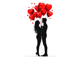 Silhouette of a couple holding heart-shaped balloons, symbolizing love and romance against a white background.