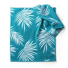 Vibrant turquoise towel with white tropical leaf pattern, perfect for beach and poolside relaxation. Soft and stylish home accessory.