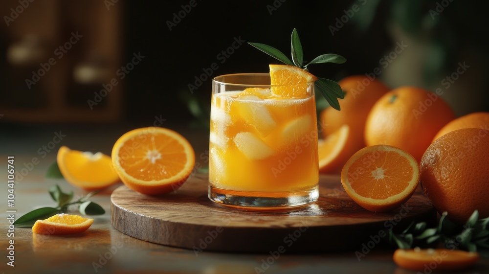 Poster a glass of refreshing orange juice is filled with ice and garnished with a slice of orange, surround