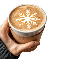 Hand holding festive coffee cup with snowflake latte art, winter holiday beverage isolated on transparent background
