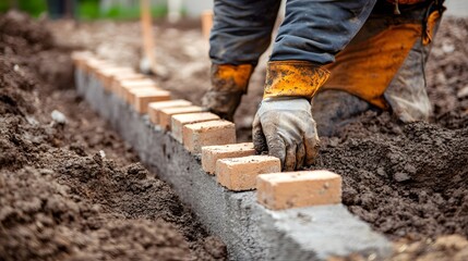 A construction worker laying bricks for a building fo
