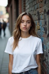 Fototapeta premium Girl Wearing White Blank T-Shirt Mockup
