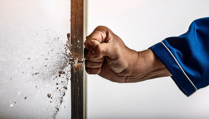 A close up view of a fist punching a wood board in attempt to break it; a martial artist is using his fist to punch and break the wood; martial art exhibition of the power of their punching and fist