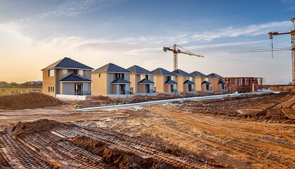 A new home subdivision construction site; a large new subdivision is being constructed with multiple single family homes; construction photography; subdivision home construction and house development;
