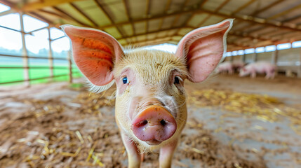 A cute piglet with its snout close to the camera, set in a clean, modern pig farming facility, contrasts with its playful, curious expression.