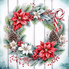 A festive Christmas wreath made of pine branches, decorated with red poinsettias, white berries, pine cones, and a candy cane