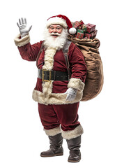 Jolly Santa Claus with a sack full of presents waving to the camera. isolated on a tranparant background.