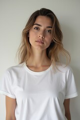 Fototapeta premium Girl Wearing White Blank T-Shirt Mockup