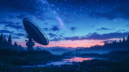 A satellite dish is actively positioned towards the starry sky in a tranquil setting at dusk