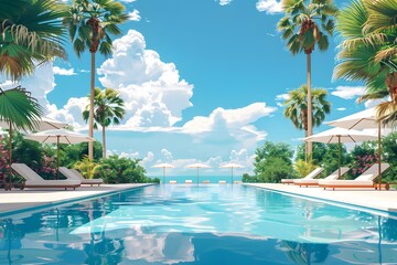 Fototapeta premium Serene Tropical Oasis with a Stunning Pool and Lush Palm Trees