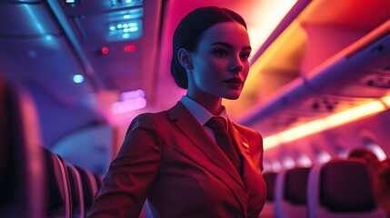 Obraz premium A flight attendant assisting passengers on a plane